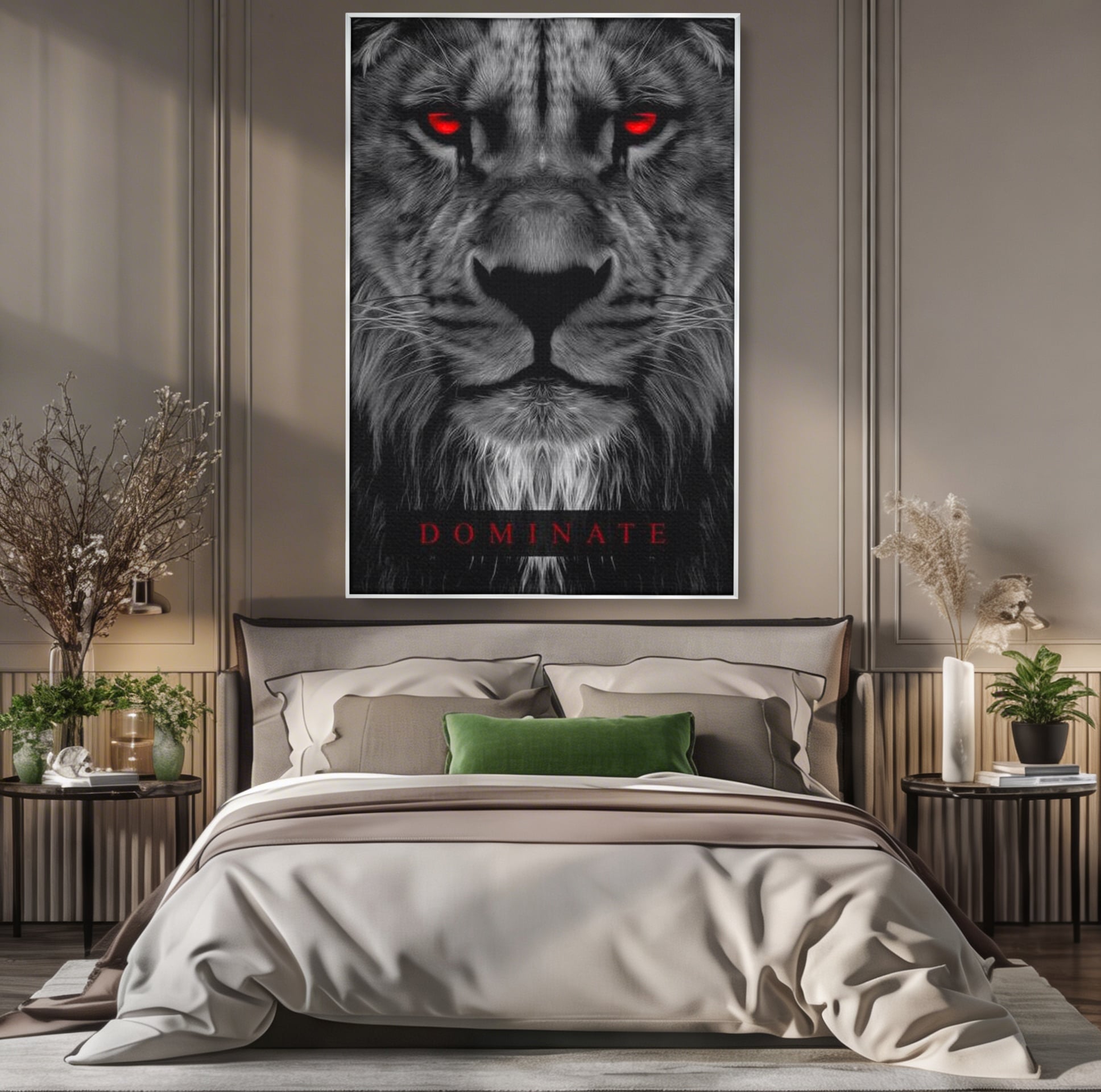 Tablou canvas cu tablou canvas cu leu alb-negru, in rama de aluminiu argintiu, pe perete intr-un dormitor
